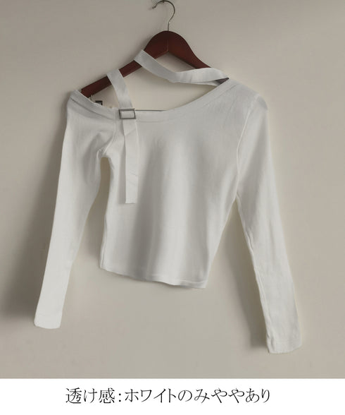 チョーカー風 無地 薄手 肩出しトップス ワンショルダー レディース ショート丈tシャツ アシンメトリー 長袖 肩開きトップス カットソー セクシー 春夏 85YN-900580