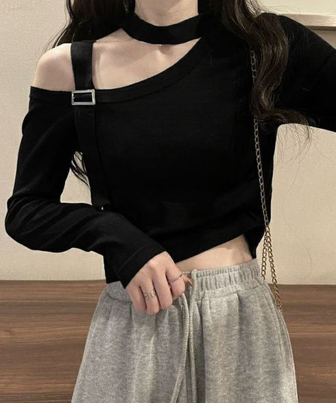 チョーカー風 無地 薄手 肩出しトップス ワンショルダー レディース ショート丈tシャツ アシンメトリー 長袖 肩開きトップス カットソー セクシー 春夏 85YN-900580