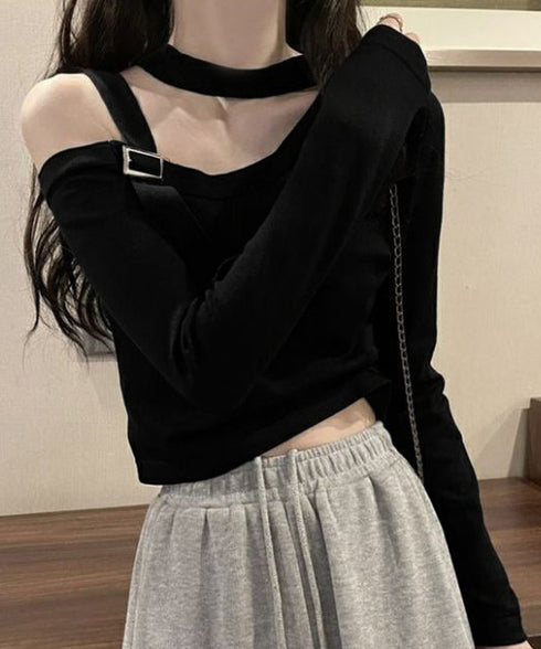 チョーカー風 無地 薄手 肩出しトップス ワンショルダー レディース ショート丈tシャツ アシンメトリー 長袖 肩開きトップス カットソー セクシー 春夏 85YN-900580