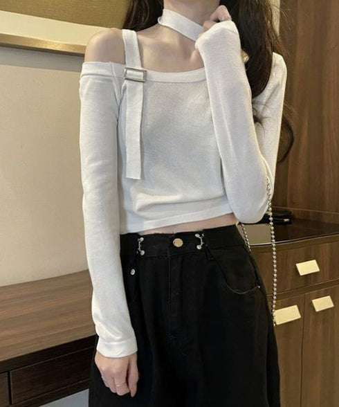 チョーカー風 無地 薄手 肩出しトップス ワンショルダー レディース ショート丈tシャツ アシンメトリー 長袖 肩開きトップス カットソー セクシー 春夏 85YN-900580