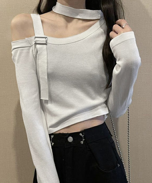 チョーカー風 無地 薄手 肩出しトップス ワンショルダー レディース ショート丈tシャツ アシンメトリー 長袖 肩開きトップス カットソー セクシー 春夏 85YN-900580