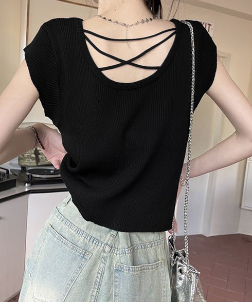 フレンチスリーブ サマーニット 韓国風 レディース ニットトップス バッククロス 春夏トップス 丸首 着回し ニットソー プルオーバー おしゃれ カジュアル 85YN-900583