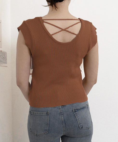 フレンチスリーブ サマーニット 韓国風 レディース ニットトップス バッククロス 春夏トップス 丸首 着回し ニットソー プルオーバー おしゃれ カジュアル 85YN-900583