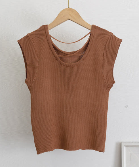 フレンチスリーブ サマーニット 韓国風 レディース ニットトップス バッククロス 春夏トップス 丸首 着回し ニットソー プルオーバー おしゃれ カジュアル 85YN-900583