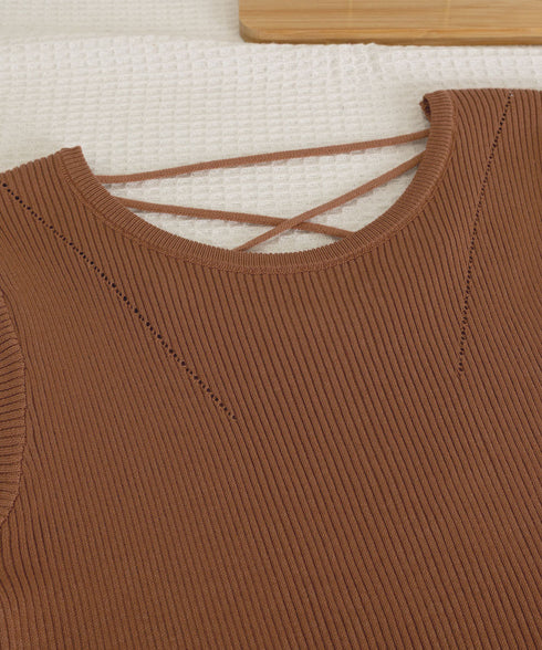 フレンチスリーブ サマーニット 韓国風 レディース ニットトップス バッククロス 春夏トップス 丸首 着回し ニットソー プルオーバー おしゃれ カジュアル 85YN-900583