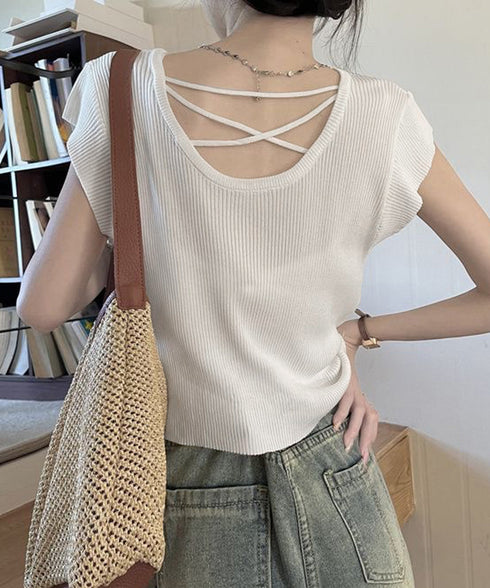 フレンチスリーブ サマーニット 韓国風 レディース ニットトップス バッククロス 春夏トップス 丸首 着回し ニットソー プルオーバー おしゃれ カジュアル 85YN-900583