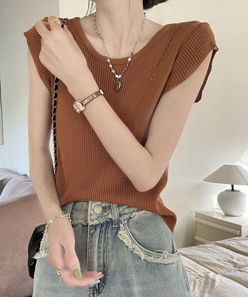 フレンチスリーブ サマーニット 韓国風 レディース ニットトップス バッククロス 春夏トップス 丸首 着回し ニットソー プルオーバー おしゃれ カジュアル 85YN-900583