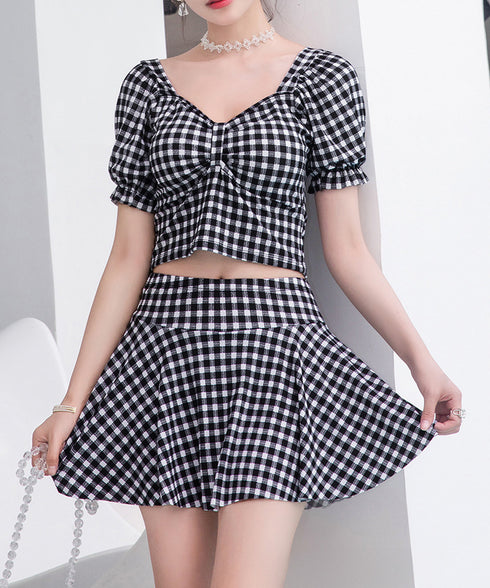 水着 レディース 盛れる水着2点セット ギンガムチェック セパレート水着 レディース 露出控えめ ハイウエスト パンツ付きミニスカート 2点セット水着大人可愛い 85YN-900584