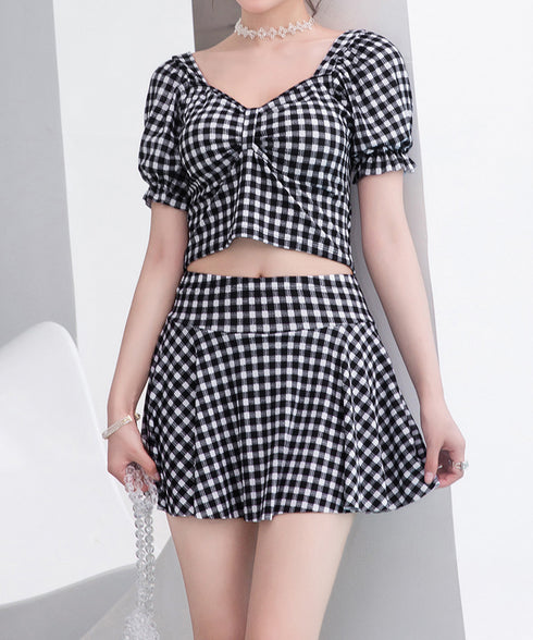 水着 レディース 盛れる水着2点セット ギンガムチェック セパレート水着 レディース 露出控えめ ハイウエスト パンツ付きミニスカート 2点セット水着大人可愛い 85YN-900584