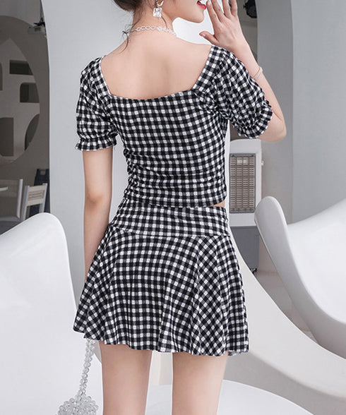 水着 レディース 盛れる水着2点セット ギンガムチェック セパレート水着 レディース 露出控えめ ハイウエスト パンツ付きミニスカート 2点セット水着大人可愛い 85YN-900584