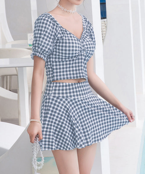 水着 レディース 盛れる水着2点セット ギンガムチェック セパレート水着 レディース 露出控えめ ハイウエスト パンツ付きミニスカート 2点セット水着大人可愛い 85YN-900584