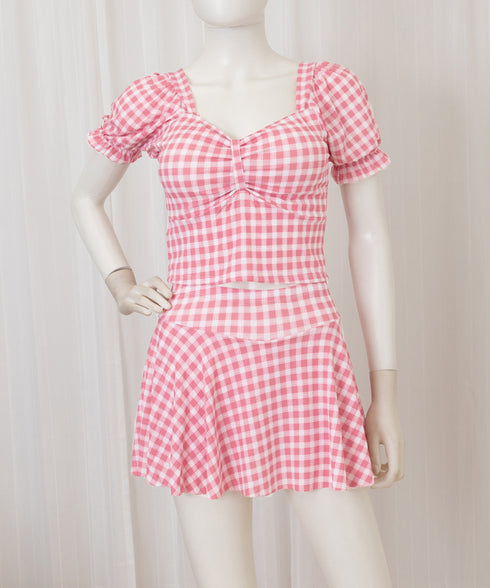 水着 レディース 盛れる水着2点セット ギンガムチェック セパレート水着 レディース 露出控えめ ハイウエスト パンツ付きミニスカート 2点セット水着大人可愛い 85YN-900584