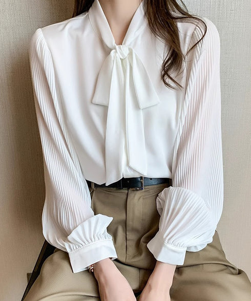 リボンタイブラウスプリーツシャツ 長袖 シフォンブラウス 無地 上品 オフィスブラウス 大人 シャツブラウス おしゃれ トップス OL 通勤 春コーデ 85YN-900585