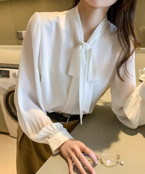 リボンタイブラウスプリーツシャツ 長袖 シフォンブラウス 無地 上品 オフィスブラウス 大人 シャツブラウス おしゃれ トップス OL 通勤 春コーデ 85YN-900585