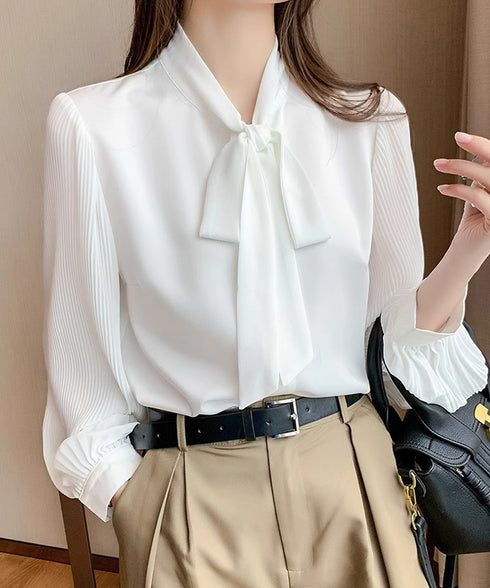 リボンタイブラウスプリーツシャツ 長袖 シフォンブラウス 無地 上品 オフィスブラウス 大人 シャツブラウス おしゃれ トップス OL 通勤 春コーデ 85YN-900585