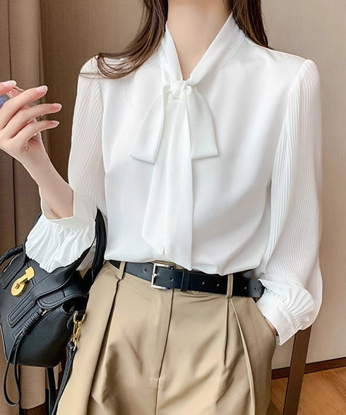リボンタイブラウスプリーツシャツ 長袖 シフォンブラウス 無地 上品 オフィスブラウス 大人 シャツブラウス おしゃれ トップス OL 通勤 春コーデ 85YN-900585