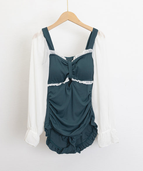 ワンピース水着 シースルー袖 体型カバー スイムウェア カットアウト フェミニン水着 露出控えめ水着プール遊び 海水浴場リゾート ワンピ風オールインワン水着 85YN-900586