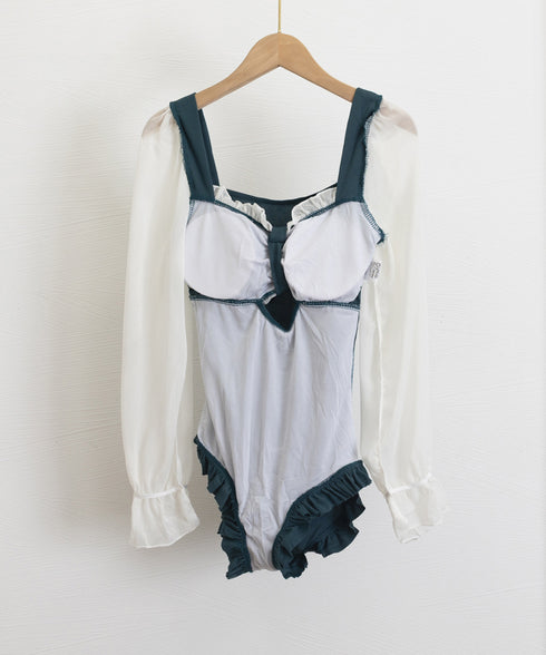 ワンピース水着 シースルー袖 体型カバー スイムウェア カットアウト フェミニン水着 露出控えめ水着プール遊び 海水浴場リゾート ワンピ風オールインワン水着 85YN-900586