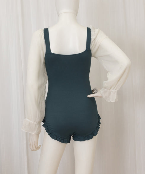 ワンピース水着 シースルー袖 体型カバー スイムウェア カットアウト フェミニン水着 露出控えめ水着プール遊び 海水浴場リゾート ワンピ風オールインワン水着 85YN-900586