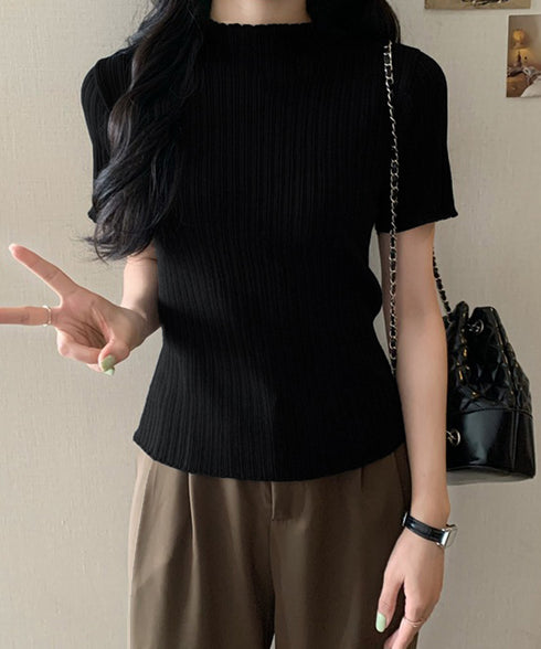 ニットトップス レディース 韓国風 無地 リブニット ニットソー きれいめ ニットセーター 着やせ サマーニット 着回し プルオーバー ニットtシャツ シンプル 85YN-900590