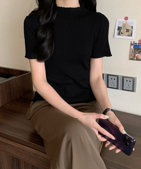 ニットトップス レディース 韓国風 無地 リブニット ニットソー きれいめ ニットセーター 着やせ サマーニット 着回し プルオーバー ニットtシャツ シンプル 85YN-900590