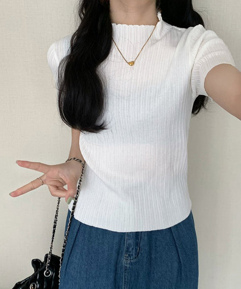 ニットトップス レディース 韓国風 無地 リブニット ニットソー きれいめ ニットセーター 着やせ サマーニット 着回し プルオーバー ニットtシャツ シンプル 85YN-900590