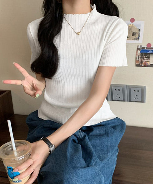 ニットトップス レディース 韓国風 無地 リブニット ニットソー きれいめ ニットセーター 着やせ サマーニット 着回し プルオーバー ニットtシャツ シンプル 85YN-900590