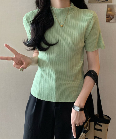 ニットトップス レディース 韓国風 無地 リブニット ニットソー きれいめ ニットセーター 着やせ サマーニット 着回し プルオーバー ニットtシャツ シンプル 85YN-900590