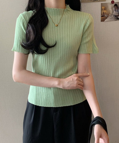 ニットトップス レディース 韓国風 無地 リブニット ニットソー きれいめ ニットセーター 着やせ サマーニット 着回し プルオーバー ニットtシャツ シンプル 85YN-900590