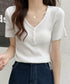 Vネックリブニットトップス 着やせ 無地 ニットソー レディース きれいめ ニットウェア 半袖 ニットプルオーバー オフィスカジュアル ニットセーター 夏服 85YN-900593