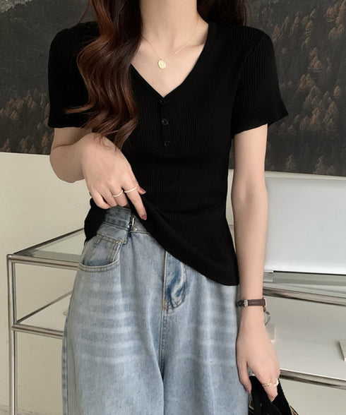 Vネックリブニットトップス 着やせ 無地 ニットソー レディース きれいめ ニットウェア 半袖 ニットプルオーバー オフィスカジュアル ニットセーター 夏服 85YN-900593