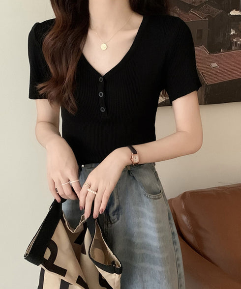 Vネックリブニットトップス 着やせ 無地 ニットソー レディース きれいめ ニットウェア 半袖 ニットプルオーバー オフィスカジュアル ニットセーター 夏服 85YN-900593
