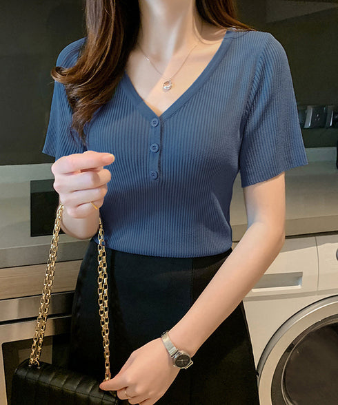 Vネックリブニットトップス 着やせ 無地 ニットソー レディース きれいめ ニットウェア 半袖 ニットプルオーバー オフィスカジュアル ニットセーター 夏服 85YN-900593