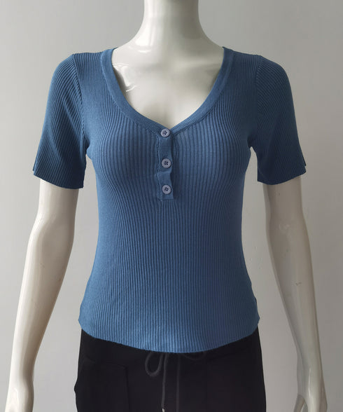 Vネックリブニットトップス 着やせ 無地 ニットソー レディース きれいめ ニットウェア 半袖 ニットプルオーバー オフィスカジュアル ニットセーター 夏服 85YN-900593