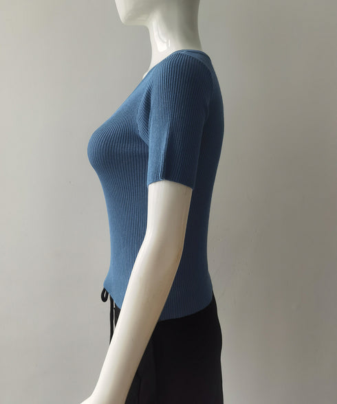 Vネックリブニットトップス 着やせ 無地 ニットソー レディース きれいめ ニットウェア 半袖 ニットプルオーバー オフィスカジュアル ニットセーター 夏服 85YN-900593