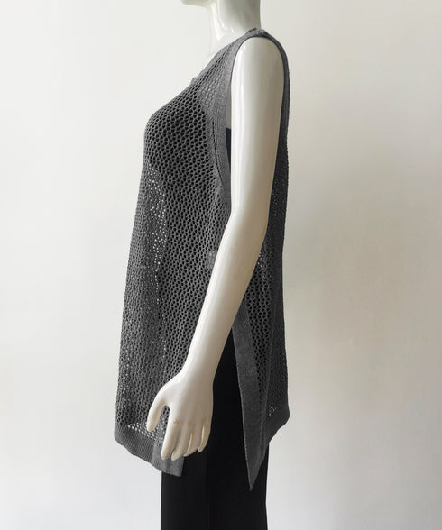 メッシュサマーニットワンピース スリット チュニックニットベスト レディース ノースリーブニットトップス ゆったり 無地レイヤードワンピース 透かし編みベスト夏服 85YN-900597