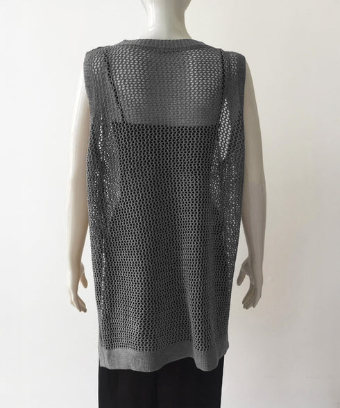 メッシュサマーニットワンピース スリット チュニックニットベスト レディース ノースリーブニットトップス ゆったり 無地レイヤードワンピース 透かし編みベスト夏服 85YN-900597