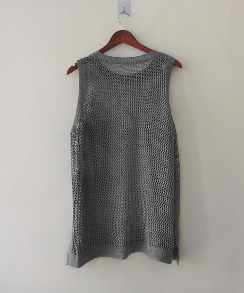 メッシュサマーニットワンピース スリット チュニックニットベスト レディース ノースリーブニットトップス ゆったり 無地レイヤードワンピース 透かし編みベスト夏服 85YN-900597