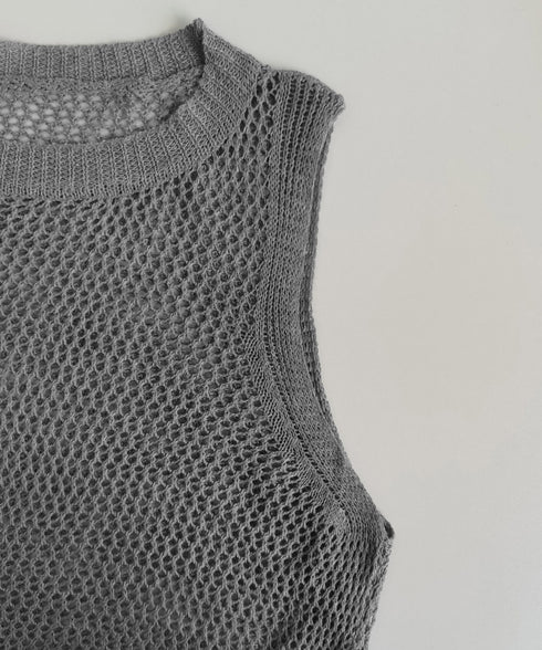 メッシュサマーニットワンピース スリット チュニックニットベスト レディース ノースリーブニットトップス ゆったり 無地レイヤードワンピース 透かし編みベスト夏服 85YN-900597