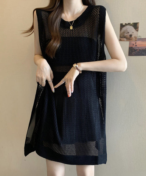 メッシュサマーニットワンピース スリット チュニックニットベスト レディース ノースリーブニットトップス ゆったり 無地レイヤードワンピース 透かし編みベスト夏服 85YN-900597