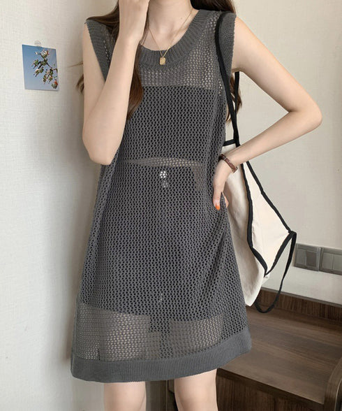 メッシュサマーニットワンピース スリット チュニックニットベスト レディース ノースリーブニットトップス ゆったり 無地レイヤードワンピース 透かし編みベスト夏服 85YN-900597