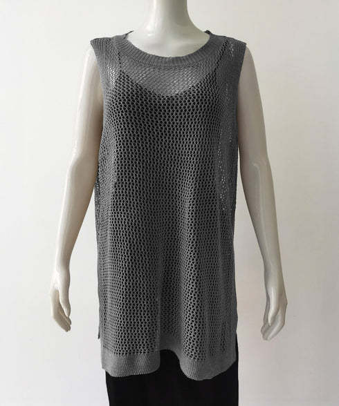 メッシュサマーニットワンピース スリット チュニックニットベスト レディース ノースリーブニットトップス ゆったり 無地レイヤードワンピース 透かし編みベスト夏服 85YN-900597