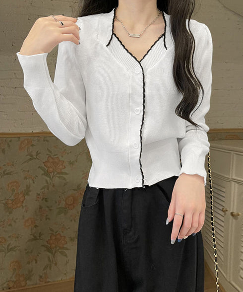 ニットトップス レディース Vネック長袖 リブニット 配色 前開き 大人 きれいめ 通勤 着回し カーディガン カジュアル ニットウェア おしゃれ 85YN-900598