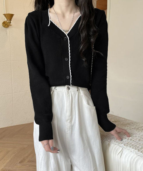 ニットトップス レディース Vネック長袖 リブニット 配色 前開き 大人 きれいめ 通勤 着回し カーディガン カジュアル ニットウェア おしゃれ 85YN-900598