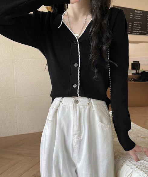 ニットトップス レディース Vネック長袖 リブニット 配色 前開き 大人 きれいめ 通勤 着回し カーディガン カジュアル ニットウェア おしゃれ 85YN-900598