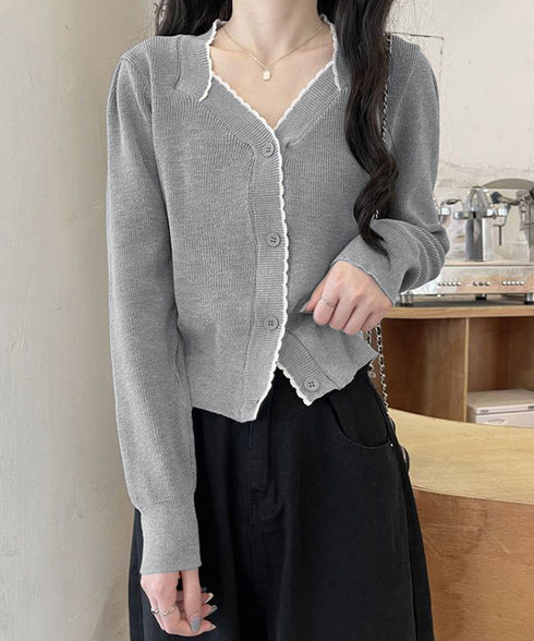 ニットトップス レディース Vネック長袖 リブニット 配色 前開き 大人 きれいめ 通勤 着回し カーディガン カジュアル ニットウェア おしゃれ 85YN-900598