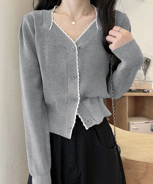 ニットトップス レディース Vネック長袖 リブニット 配色 前開き 大人 きれいめ 通勤 着回し カーディガン カジュアル ニットウェア おしゃれ 85YN-900598