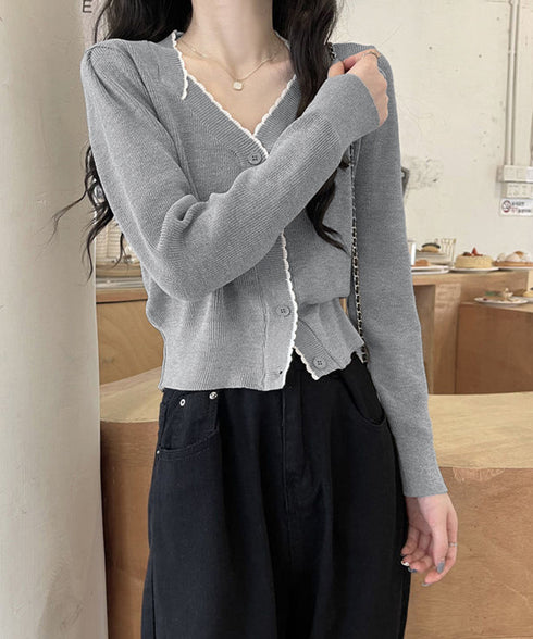 ニットトップス レディース Vネック長袖 リブニット 配色 前開き 大人 きれいめ 通勤 着回し カーディガン カジュアル ニットウェア おしゃれ 85YN-900598