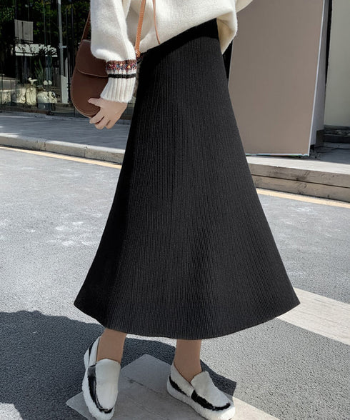 フレアニットスカート 着やせ 無地 秋冬 レディース Aラインスカート リブスカート ウエストゴム ハイウエスト ボトムス 体型カバー 大人可愛い 韓国風 85YN-900600