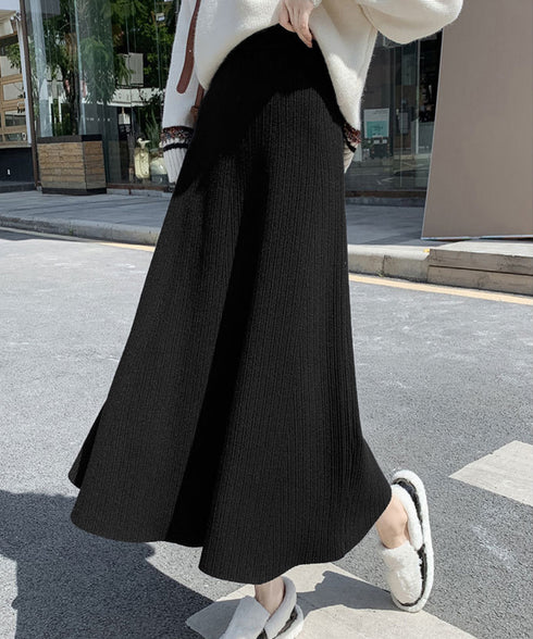 フレアニットスカート 着やせ 無地 秋冬 レディース Aラインスカート リブスカート ウエストゴム ハイウエスト ボトムス 体型カバー 大人可愛い 韓国風 85YN-900600